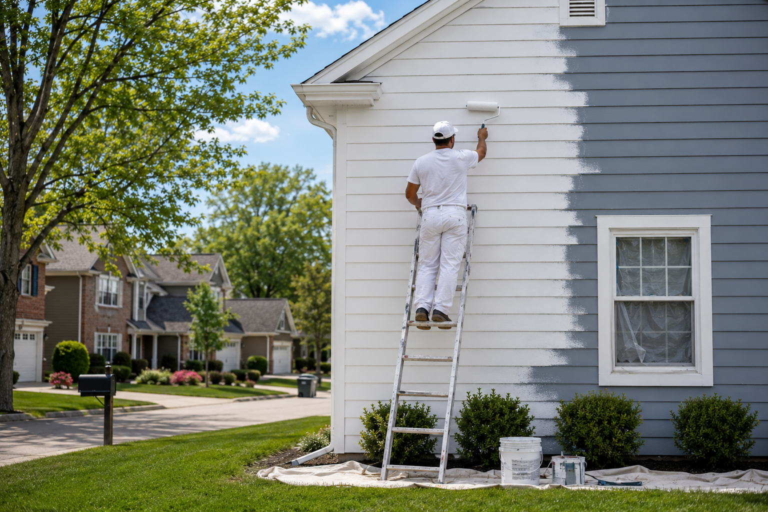 Professional exterior painter on a ladder painting a house in Cincinnati, Ohio